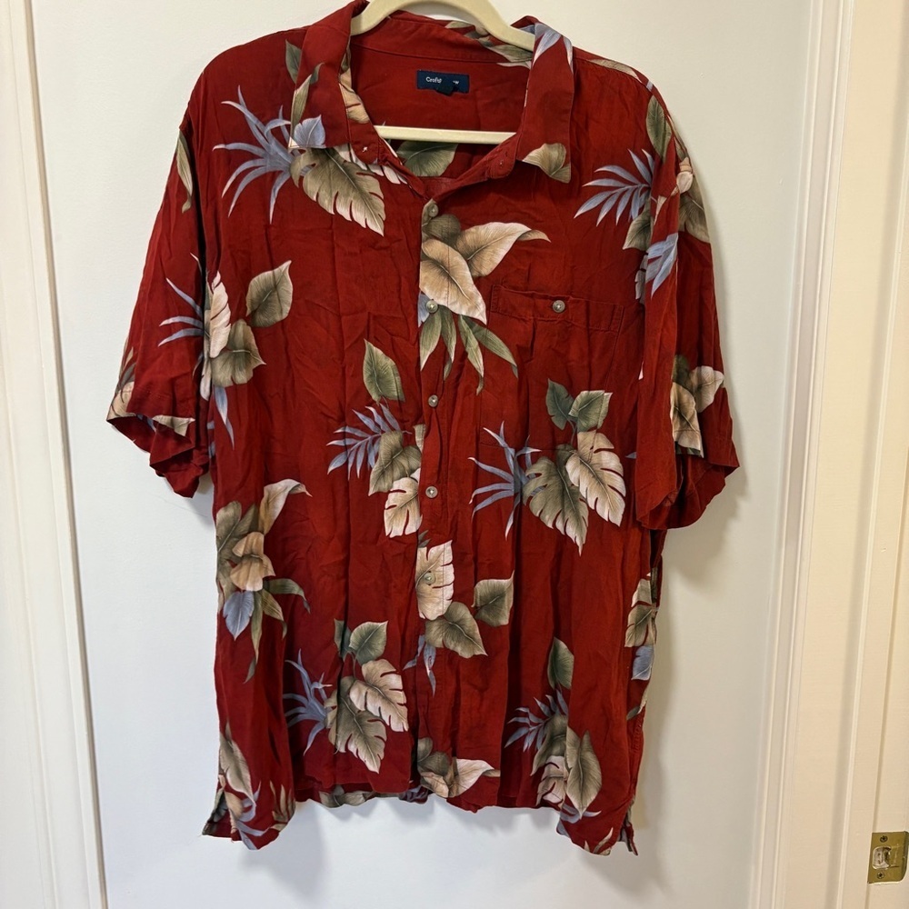 Croft & Barrow Button Up T-Shirt Top Size XXL Red Patterned Foliage 100% Rayon